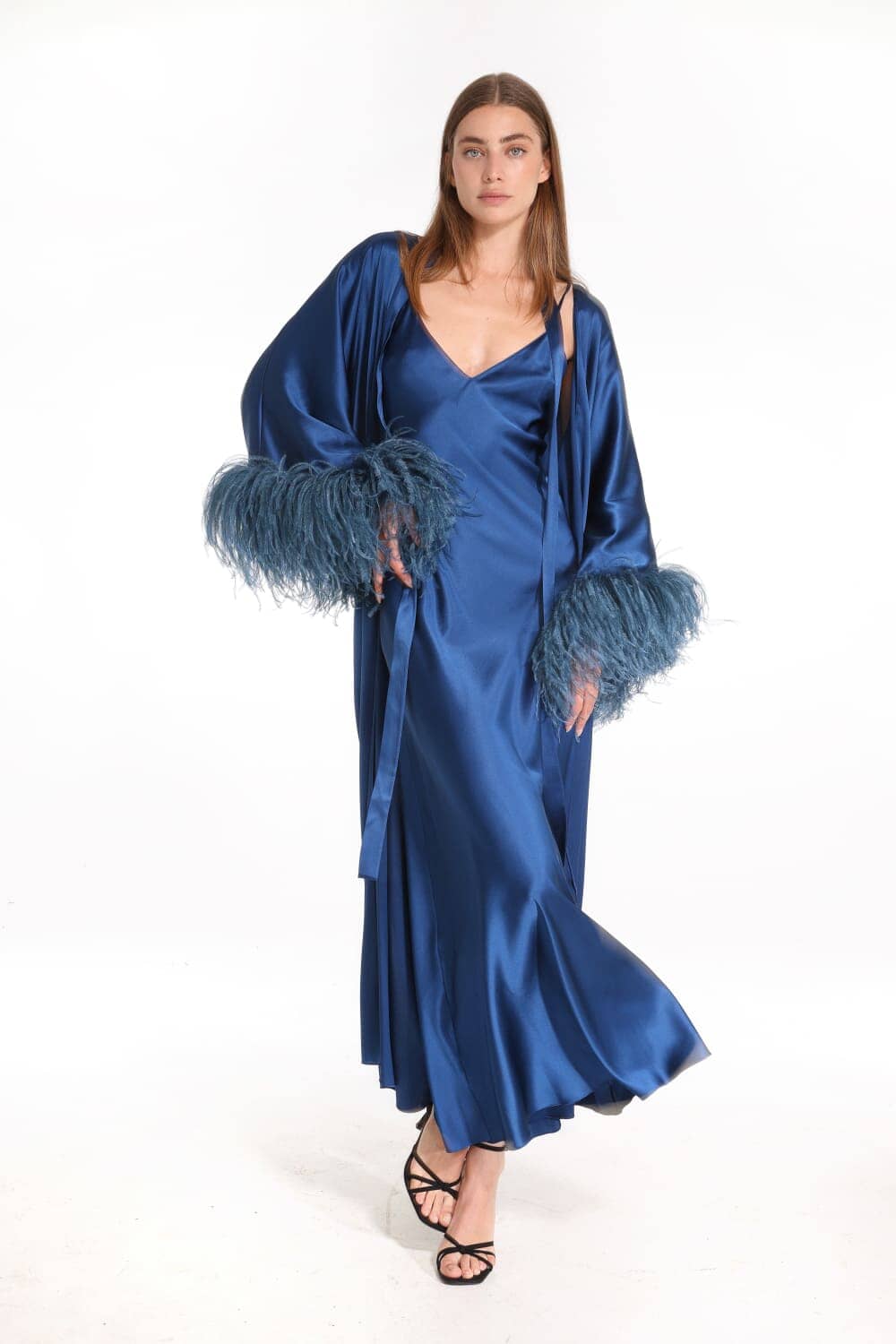 Amoralle Velvet Sky Silk Slip Dress for Women – Pure Silk Bias-Cut Slip in Deep Midnight Blue, Adjustable Straps, Elegant Long Nightgown & Luxury Loungewear