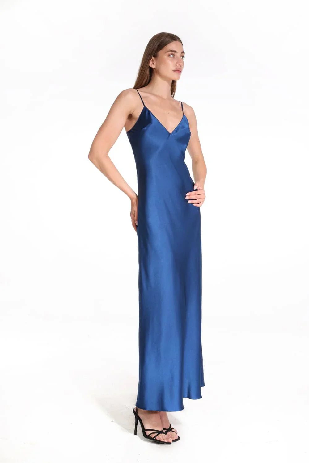 Amoralle Velvet Sky Silk Slip Dress for Women – Pure Silk Bias-Cut Slip in Deep Midnight Blue, Adjustable Straps, Elegant Long Nightgown & Luxury Loungewear