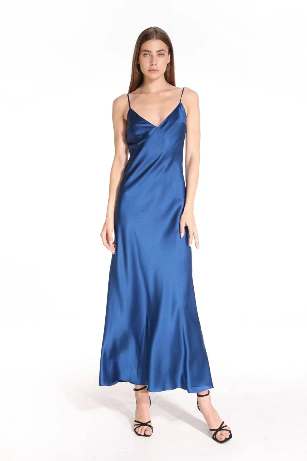 Amoralle Velvet Sky Silk Slip Dress for Women – Pure Silk Bias-Cut Slip in Deep Midnight Blue, Adjustable Straps, Elegant Long Nightgown & Luxury Loungewear